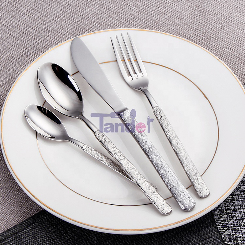 สแตนเลสสตีล Flatware เนื้อหยาบที่สง่างามจับชุดช้อนส้อมที่ไม่ซ้ำกัน