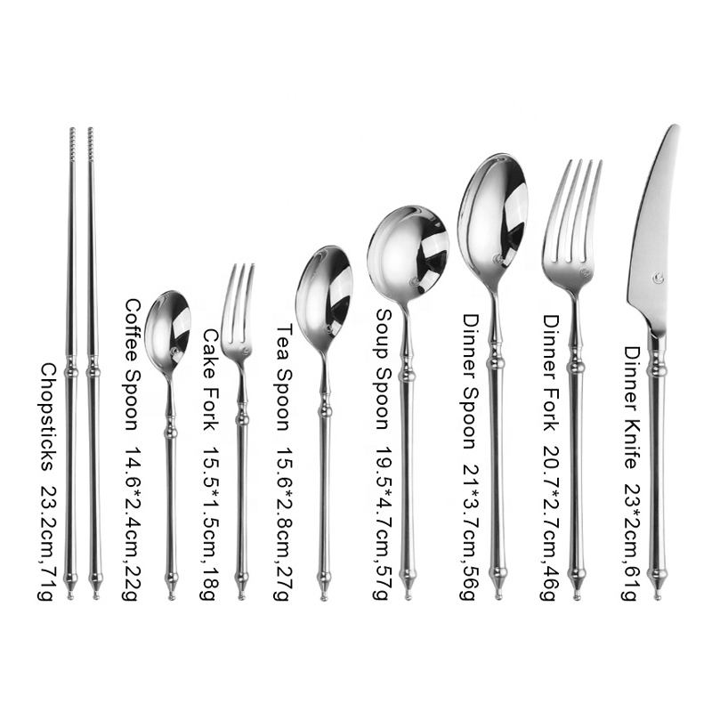 ที่มีคุณภาพสูงด้ามยาวชุด flatware, แต่งงานเงินชุดช้อนส้อมที่มีตะเกียบ